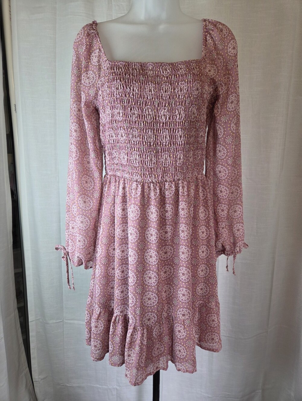 Smocked Square-Neck Pink Floral Long-Sleeve Dress